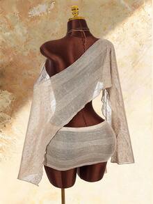 Amplova Romantic Boho New Style Crochet See-Through Asymmetric Shoulder Cover Up Top & Tie-Up Mini Skirt 2-Piece Set For Women - Khaki - View 3