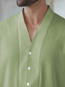 Manfinity Homme Plus Size Men's Casual Solid Color Front Button Long Sleeve Shirt, Summer - Green - View 3