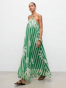 Maija Đầm sọc cây cọ xanh cho nữ, đầm chiffon không tay xếp ly xòe rộng dáng suông đi biển. - màu xanh lá - Xem 2