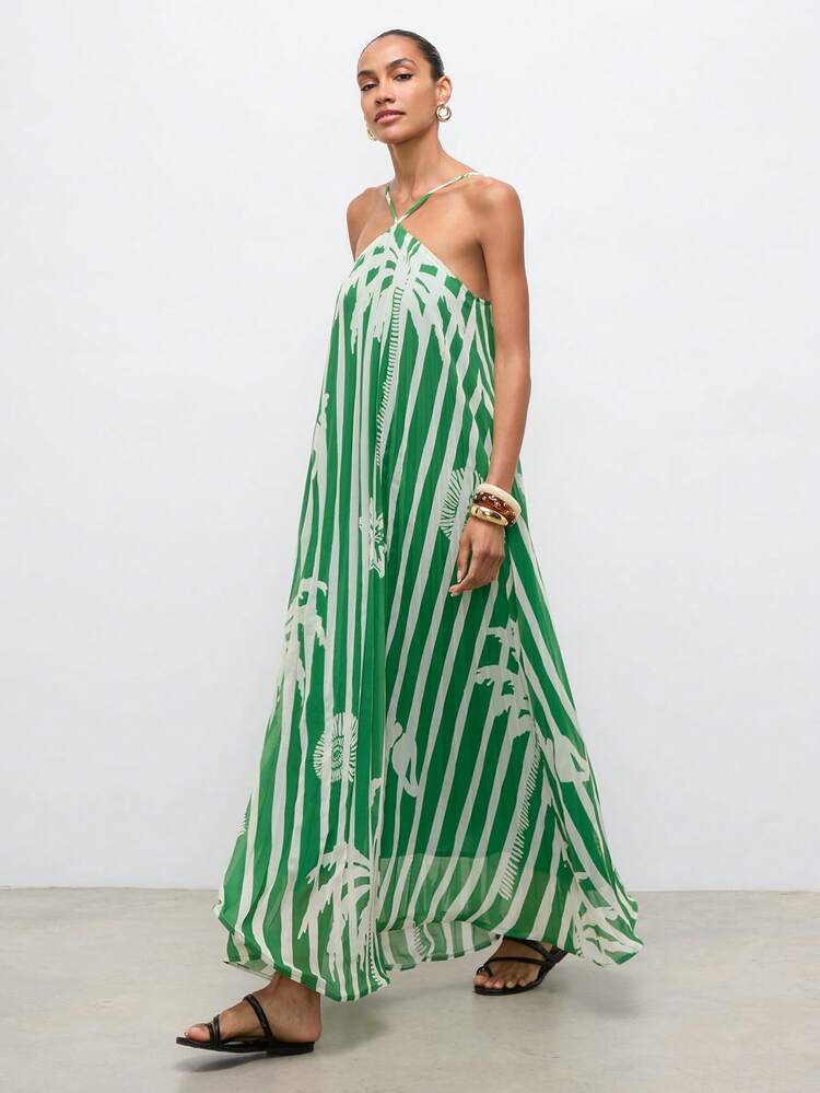 SHEIN Maija Women's Green White Tropical Palm Tree Floral Graphic Chiffon Dress,Sleeveless Pleated Flared Hem Summer Holiday Vacation Boho Beach Birthday Outfits