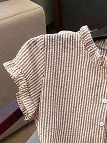 Franclia Women's Striped Frill Trim Short Sleeve Single-Breasted Casual Shirt - Mocha Brown - View 3