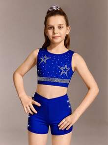 SHEIN 两件套：少女圆领露脐背心，正面饰有水钻；松紧腰短裤，侧边饰有水钻，弹性柔软，适合跑步、骑行、健身、休闲穿着。 - 藏蓝色 - 查看 3