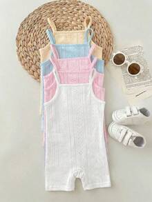 5pcs Baby Girl Hollow Out Minimalist Casual Romper, Suitable For Daily Wear & Outdoor, Summer - Baby Pink - View 4