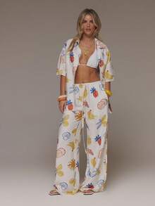 MUSERA Kemeja Kancing Depan Motif Liburan Grafis Berbahan Linen, Celana Panjang Kaki Lebar, Gaya Liburan Musim Panas, Boho Tropis, Pantai Ibiza, Putih - MultiWarna - View 1