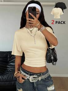 Coolane 2pcs 95% Cotton Short Sleeve Cropped T-Shirt, Suitable For Summer - Multicolor - View 11