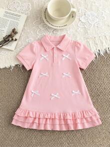 Elladie kids 女童休闲 Polo 领蝴蝶结装饰层叠荷叶边下摆短袖连衣裙 - 黃色 - 查看 4