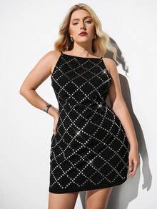 Maija Plus Size Black,Summer,70's,Night Out Rave Club,Party Midi Dress,Lace Patchwork Silver Design Fitted Silhouette Outfit Wedding Guest Cruise Wear - Black - View 6