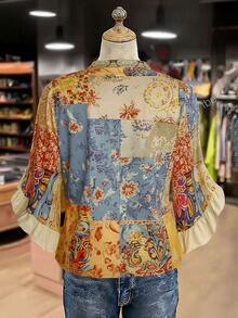 Linhara 大尺碼女款花卉印花荷葉邊休閒度假襯衫，缺口領荷葉邊飾寬鬆上衣，黑色，夏季波西米亞風假期秋季襯衫 - 黃色 - 查看 2