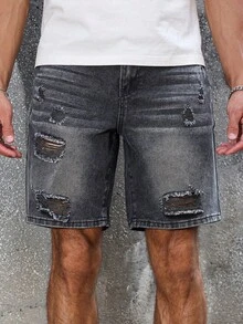 Manfinity LEGND Celana Pendek Denim Pria Ukuran Besar dengan Desain Lusuh, Gaya Streetwear Amerika Grunge, Petualangan, Abu-abu Gelap, Musim Panas, Liburan - Hitam - View 8