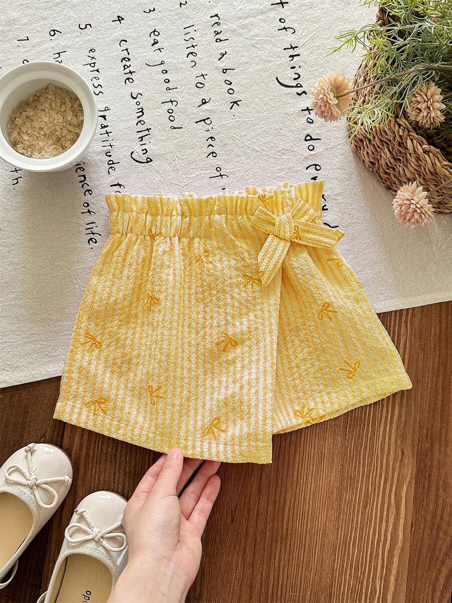 LMoss Kids Young Girl Bow & Striped Print Wrap Casual Shorts For Summer - Yellow - View 1