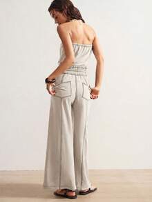 Bohemela Women's Minimalist Drawstring Waist Pocket Loose Knit Jumpsuit - Apricot - View 2