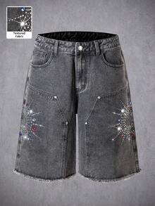 Manfinity Denimwave 2026新款復古街頭風破洞灰色黑色不對稱水鑽水洗毛邊休閒牛仔男短褲 適合電音節夏季度假 - 灰色 - 查看 1