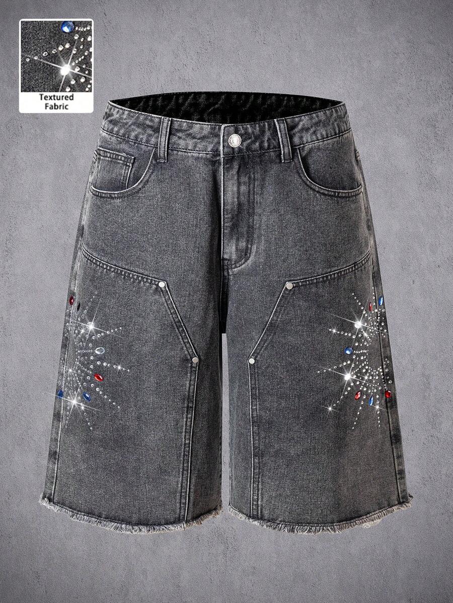 Manfinity Denimwave 2026新款復古街頭風破洞灰色黑色不對稱水鑽水洗毛邊休閒牛仔男短褲 適合電音節夏季度假 - 灰色 - 查看 1