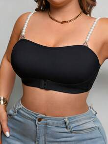 SHEIN Plus Size Black Wireless Bra, Front Closure, Pearl Strap, 1 Piece - Black - View 7