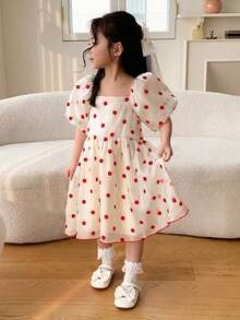 Dazy Kids 女童波点印花方领短袖连衣裙，夏季 - 米色 - 查看 3