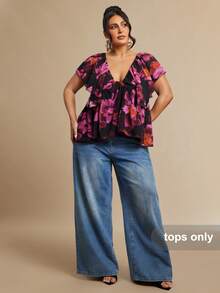 SHEIN BAE Áo kiểu nữ cỡ lớn in hoa màu tím, dáng rộng, xếp ly, thích hợp mặc đi nghỉ mát. - Màu tím - Xem 6
