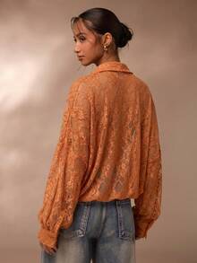 SHEIN Glamour 透視蕾絲襯衫，棕色蕾絲女裝上衣 - 橘色 - 查看 2