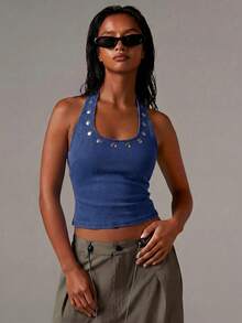 Athîral Denim 女款休閒 2000s Y2K 牛仔街頭風度假針織掛脖彈性短版上衣，亮片裝飾，適合夜生活，藍色夏季款 - 深色水洗藍 - 查看 5