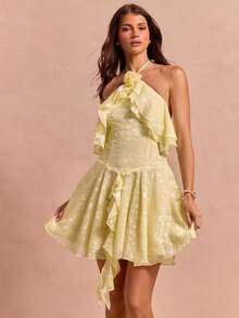 Enchnt Women's Elegant Pale Yellow Summer Halter Neck Dress,3D Floral Decor Ruffle Trim Solid Color Chic Holiday Vacation Outfits,Mother's Day Party - Yellow - View 5