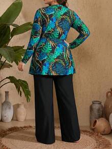 Swim Mulvari Plus Size Women's Black Base Floral Print Long Sleeve Dress Top And Solid Color Leggings Two Pieces Vacation Beach Outfit Bikini Swimwear - Multicolor - View 2
