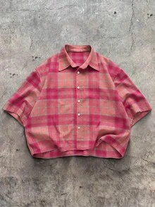 Manfinity ZONE917 男士格子印花纽扣短袖露脐衬衫，夏季 - 粉色 - 查看 4