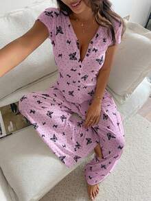DAZY Set Piyama Wanita Musim Panas 2 Potong Atasan dan Celana Panjang Lebar Motif Kupu-kupu Elegan - Purple - View 3