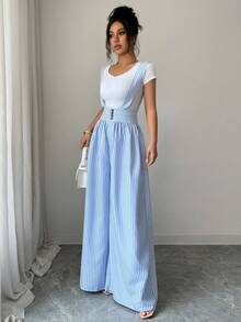 Elenzga Bestselling Blue & White Striped Suspender Waist Resin Buckle Decor Wide Leg Loose Women Casual Vacation Commute Elegant Jumpsuit - Blue and White - View 6