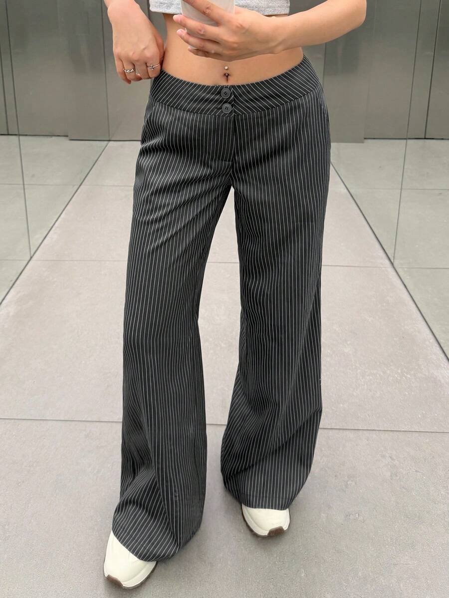 K-Vae 女款條紋寬腿寬鬆休閒長褲 - 灰色 - 查看 1