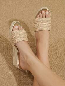 Styleloop Giày nữ, màu nâu, giày rơm đan bằng dây gai dầu, sandal đế xuồng, giày giúp tăng chiều cao, phong cách bohemian cho kỳ nghỉ. - Màu be - Xem 4