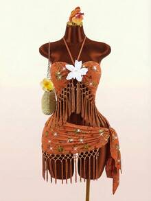 Amplova Women's Retro Sexy Avant-Garde Beaded Embroidered Floral Tassel Hem Cute Mini Skirt, Suitable For Vacation - Orange - View 12