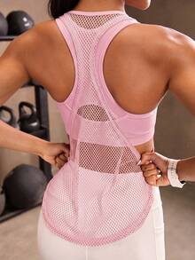 Powerista Solid Color Hollow Splice Racerback Sports Tank Top - Baby Pink - View 2