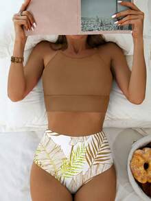 SHEIN Swim 女士夏季度假沙滩树叶印花吊带泳衣套装 - 咖啡棕 - 查看 3