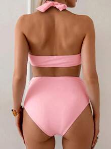 Swim Vcay Pregnant Women's Summer Vacation Beach Metal Ring Detail Halter Bikini Set - Pink - View 2