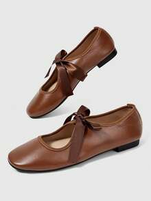 ROMWE Kawaii Bailarinas Mary Jane marrones, punta redonda cerrada, zapatos de ballet Lolita con lazo, para mujer - Marrón + correa - Ver 4