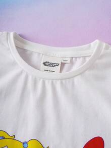 THE POWERPUFF GIRLS X SHEIN Tween Girl Colorful Letter Print Round Neck Short Sleeve T-Shirt And Skinny Shorts Set, - White - View 3