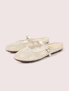 CUCCOO DOLLMOD Women's Shoes, Beige, Round Toe Dew Heel Closed Toe Sandals, Flower Embroidered Mesh Yarn, Sweet And Cute, Comfortable, Soft And Breathable - Little flower - apricot - View 2