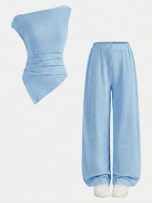 Firerie Kids 2pcs/Set Tween Girls' Casual Blue Summer Ruched Off-Shoulder Sleeveless Fitted Knit Top And Flare Pants Set,Suitable For Home,Outdoor,Travel,School - Blue - View 6