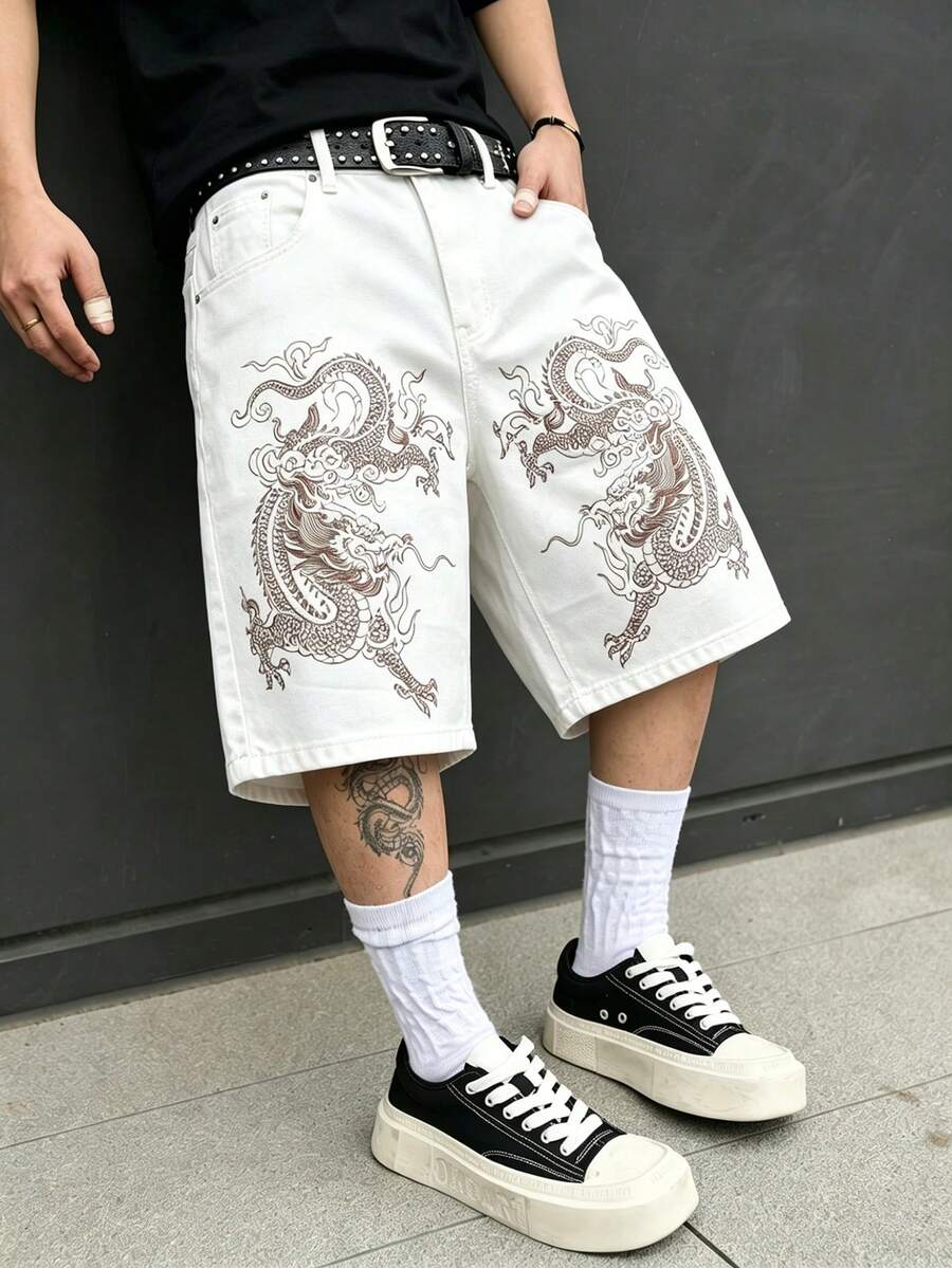 Manfinity EMRG 男士中式龍圖案口袋休閒牛仔短褲,度假風 - 白色 - 查看 1