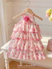 Cozy Pixies Baby Girl Summer Elegant Floral Print 3D Flower Decor Multi-Layer Halter Neck Dress - Pink - View 7