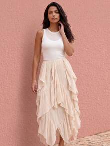 Rouah Boho Multi Ruffle Waterfall Chiffon Skirt - Perfect For Summer - Summer Vibes, Vacay Time, Resort Holiday, Vacation Time Grittyboho Garden Party Beige - Apricot - View 1
