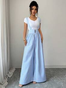 Elenzga Bestselling Blue & White Striped Suspender Waist Resin Buckle Decor Wide Leg Loose Women Casual Vacation Commute Elegant Jumpsuit - Blue and White - View 7