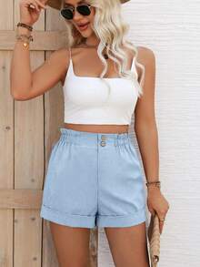 EMERY ROSE Women's Casual Vacation & Commute Solid Color Paper Bag Waist Loose Shorts, Summer - Teal Blue - View 3