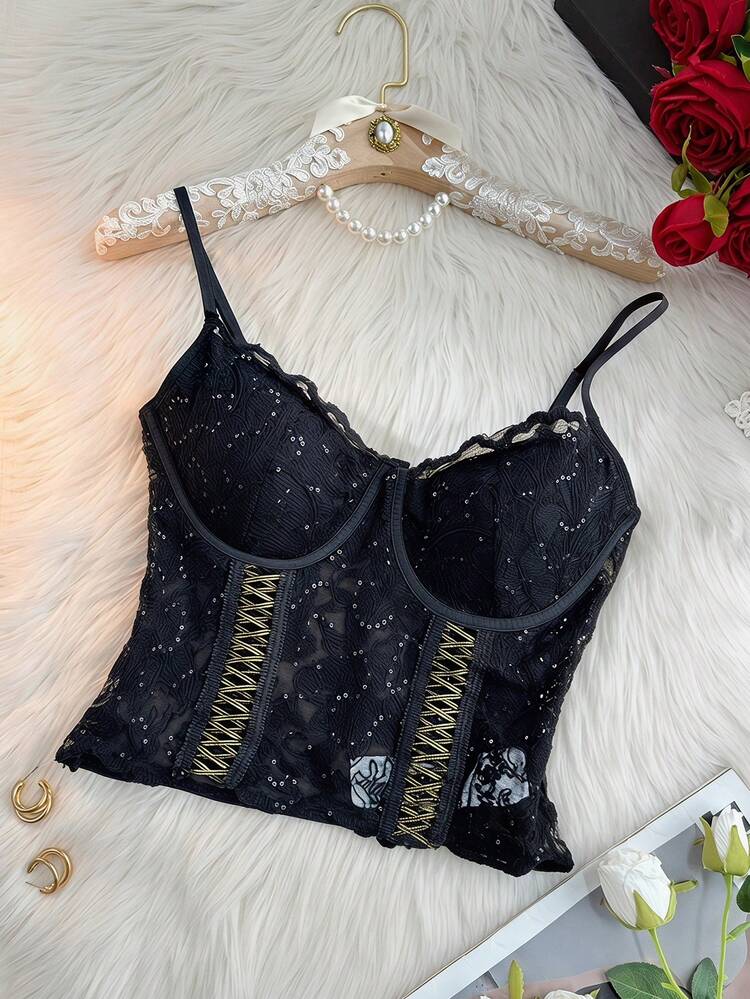 Sequin Decor Lace Patchwork Spaghetti Strap Lightly Padded Bra For Women