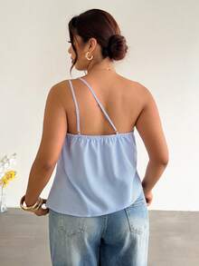 Firerie Blusa Plus Size Nova de Verão Ajustada com Um Ombro Só, Bainha Assimétrica e Listrada, Elegante para Trabalho, Escritório, Festa, Festival de Música, Menina Personalizada, Estilo Y2K Chique - Azul e Branco - Visão 3