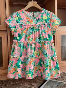 SHEIN LUNE Plus Size Women Floral Print Short Sleeve Ruffle Trim Casual Boho Shirt Holiday Holiday Vacation Pink Floral Summer - Multicolor - View 13