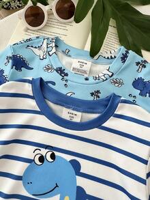SHEIN 4pcs Young Boy Knit Snug Fit Loungewear Set, Loose Casual Cute Dinosaur Pattern, Suitable For Summer - Multicolor - View 3