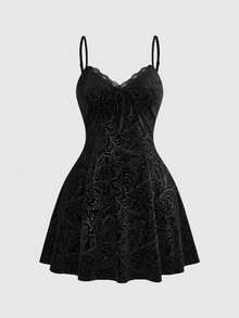 ROMWE Goth Plus Size Women Botanical Print Front Tie Cami Dress - Black - View 1