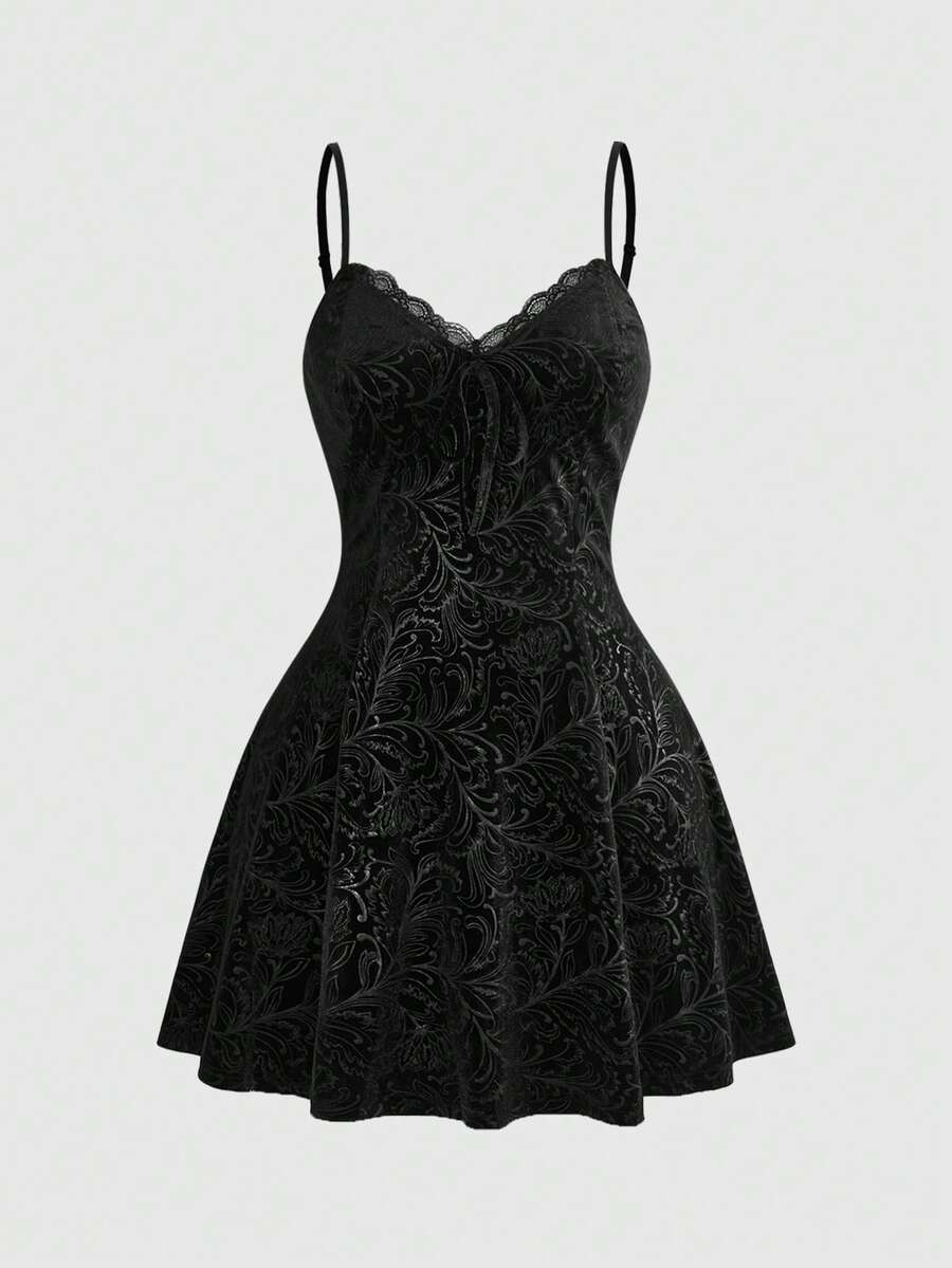 ROMWE Goth Plus Size Women Botanical Print Front Tie Cami Dress - Black - View 1