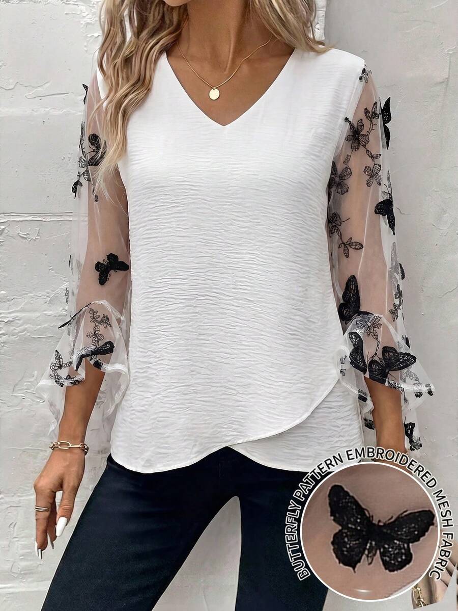 SHEIN Clasi 女士时尚休闲蝴蝶刺绣V领衬衫 - 黑與白 - 查看 1