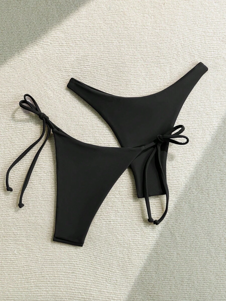 Swim Chiccia 女款純色比基尼泳褲下半部,適用於海灘度假 - 黑色 - 查看 1